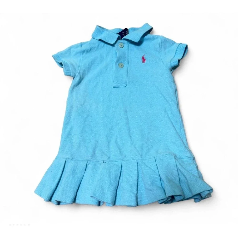 Ralph Lauren Baby Girls 12M Blue Polo Dress Pleated Skirt Pink Pony Logo